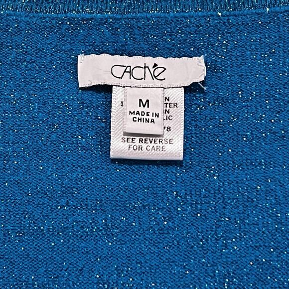 Vtg Cache Y2K Scoop Neck Women’s Med Blouse Blue Metallic Shimmer Holiday Top - Picture 4 of 8